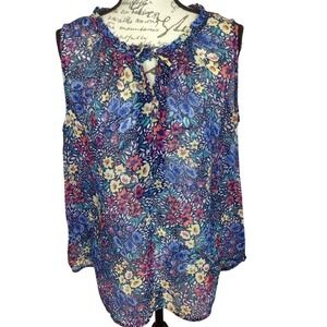 SALE Womens Liz Claiborne Madison Blue Multi Henley Ruffle Tank Sz L